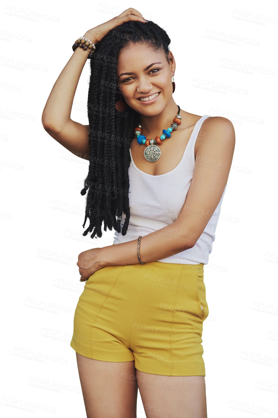 Buy stock photo Fashion dreadlocks, portrait and happy woman with hair isolated on a transparent png background. Person, smile and natural braids for trendy, aesthetic or hairstyle at salon treatment in South Africa