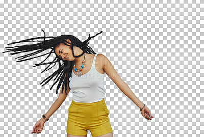 Buy stock photo Smile, dancing and woman with dreadlocks hair isolated on a transparent png background. Happy, freedom and African person with braids, energy for moving to rhythm of music and celebration of party