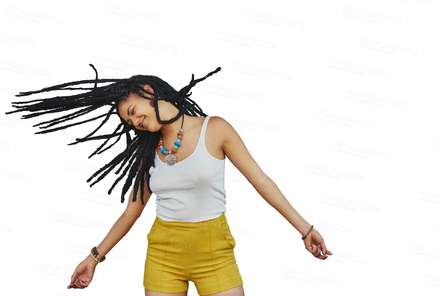 Buy stock photo Smile, dancing and woman with dreadlocks hair isolated on a transparent png background. Happy, freedom and African person with braids, energy for moving to rhythm of music and celebration of party