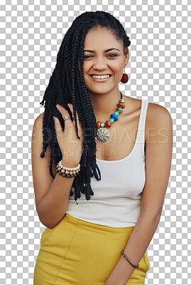 Buy stock photo Portrait, fashion dreadlocks and happy woman with hair isolated on a transparent png background. African person, face and natural braids with a smile for aesthetic, haircare and hairstyle at salon