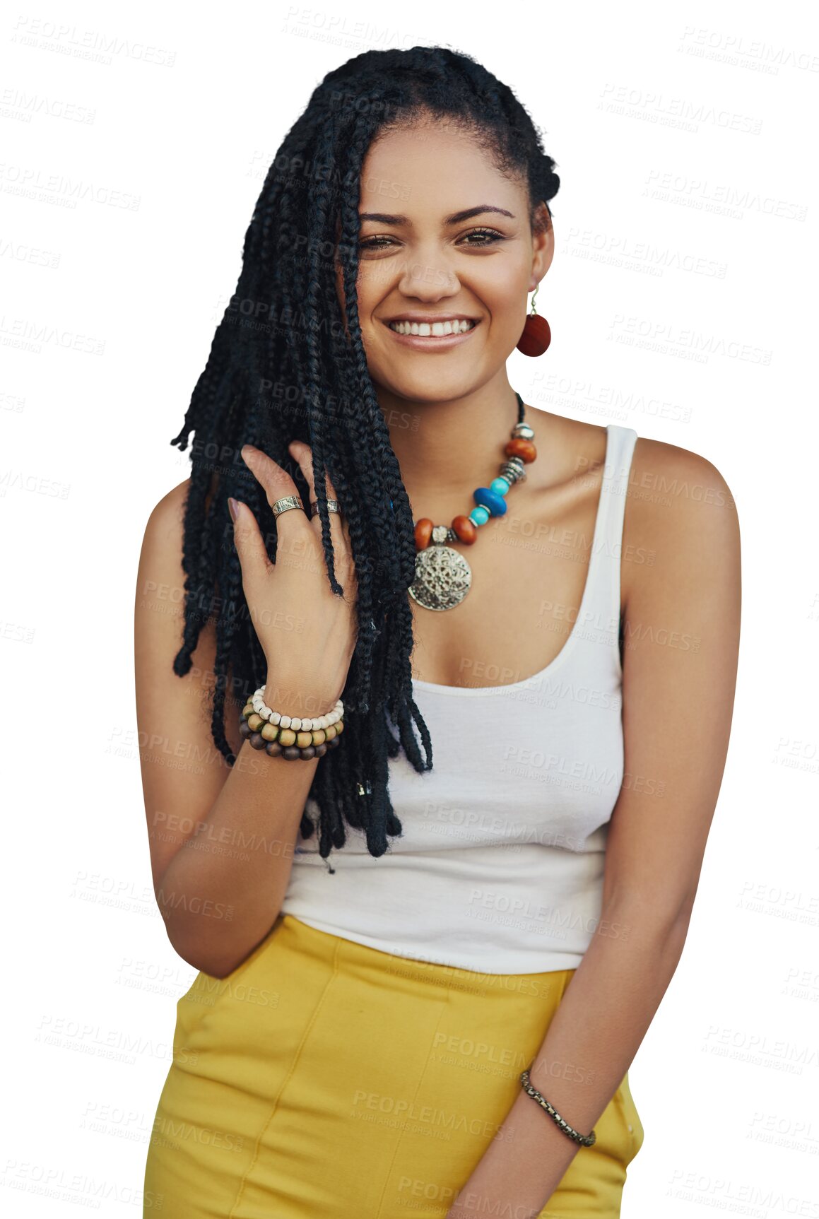 Buy stock photo Portrait, fashion dreadlocks and happy woman with hair isolated on a transparent png background. African person, face and natural braids with a smile for aesthetic, haircare and hairstyle at salon