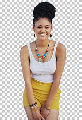 Buy stock photo Portrait, smile and fashion with a model woman isolated on a transparent background for trendy style. Hair, beauty and confident with a happy young african female person on PNG in a clothes outfit