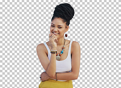 Buy stock photo Portrait, hair and fashion with a model woman isolated on a transparent background for trendy style. Smile, beauty and confident with a happy young african female person on PNG in a clothes outfit