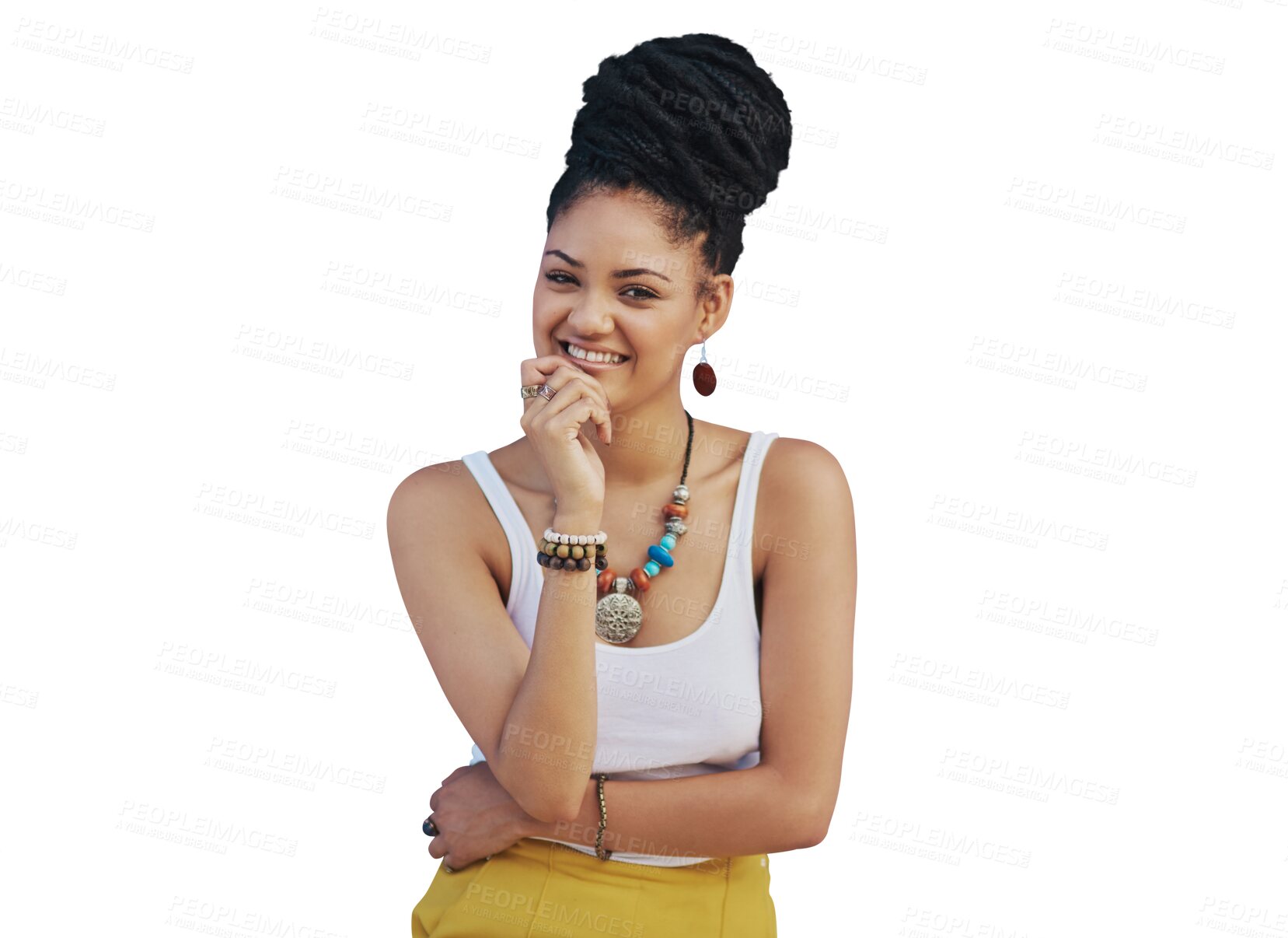 Buy stock photo Portrait, hair and fashion with a model woman isolated on a transparent background for trendy style. Smile, beauty and confident with a happy young african female person on PNG in a clothes outfit