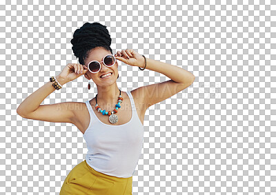 Buy stock photo Portrait, smile and sunglasses with an african woman isolated on a transparent background for trendy style. Hair, beauty and fashion with a happy young female person on PNG in a clothes outfit