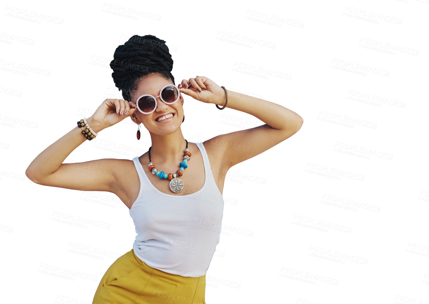 Buy stock photo Portrait, smile and sunglasses with an african woman isolated on a transparent background for trendy style. Hair, beauty and fashion with a happy young female person on PNG in a clothes outfit