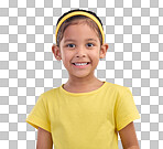 Happy, smile and portrait of girl in studio for natural, youth and confident isolated on blue background. Happiness, break and positive with face of young child for cute, adorable and trendy style