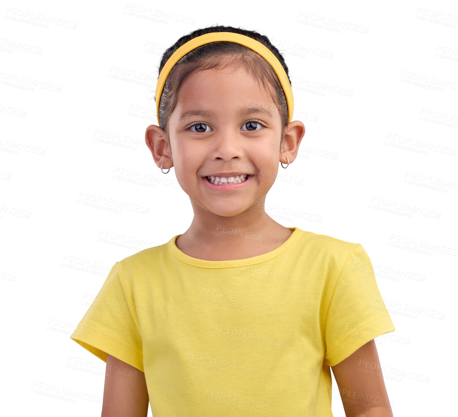 Buy stock photo Happy, smile and portrait of a girl child with natural, youth and confident personality. Happiness, excited and face of kid model from Mexico with cute style isolated by transparent png background.