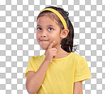 Thinking, idea and face of child in studio with contemplation, thoughtful and planning expression. Ideas mockup, innovation and young girl on blue background for brainstorming, question and curious