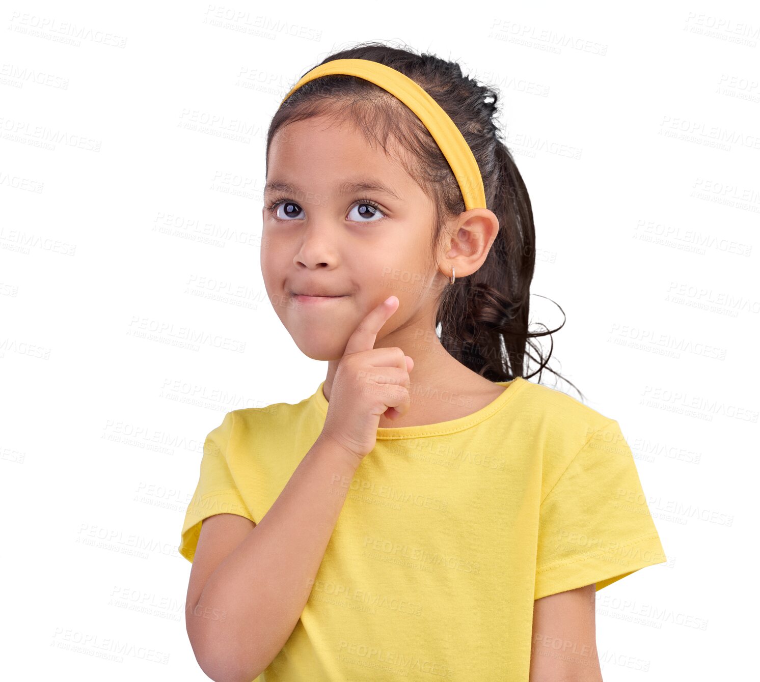Buy stock photo Thinking, idea and face of child with a plan and isolated on a transparent png background. Dream, creative and a young girl for brainstorming, question and solution about knowledge or education