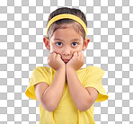 Mockup, portrait and girl nervous, scared and overwhelmed against a blue studio background. Face, female child and kid with anxiety, stress and worried with mental health, anxious and panic reaction