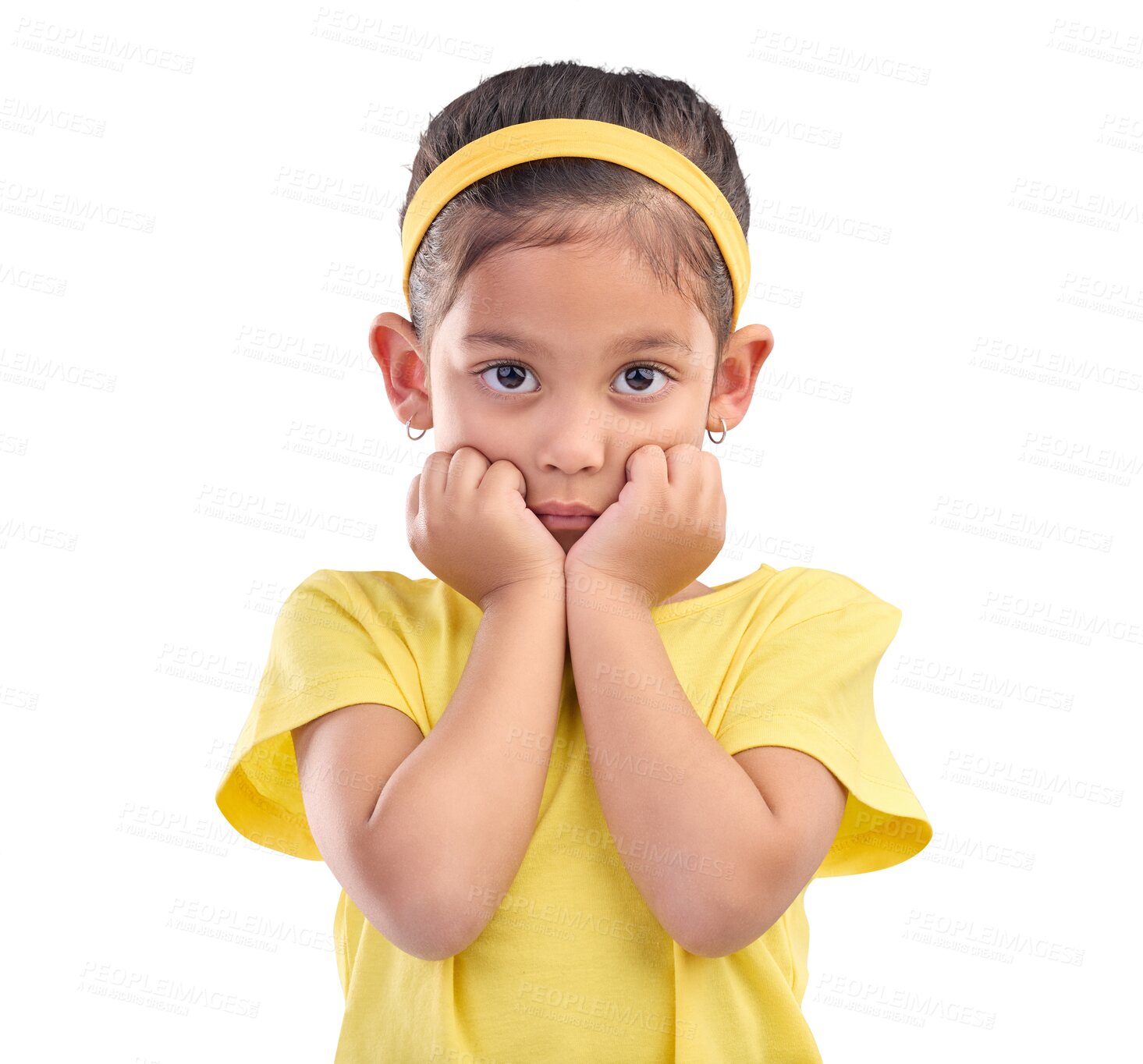 Buy stock photo Depression, portrait and child sad, scared and shy with anxiety, nervous and upset over mental health crisis. Mistake, fear and face of young kid girl isolated on transparent, png background