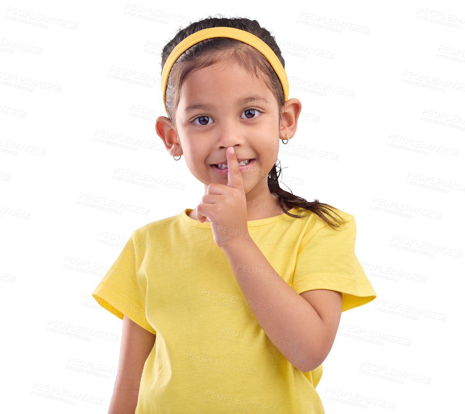 Buy stock photo Girl, kid and secret, finger to lips and portrait, drama and gossip isolated on png transparent background. Young female child, whisper and silent gesture with emoji, communication and body language