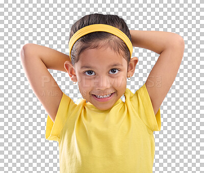 Young girl, portrait and studio with a student feeling happy with a smile and blue background. Isolated, cute and adorable child face in a yellow outfit with happiness, joy and cheerful smiling