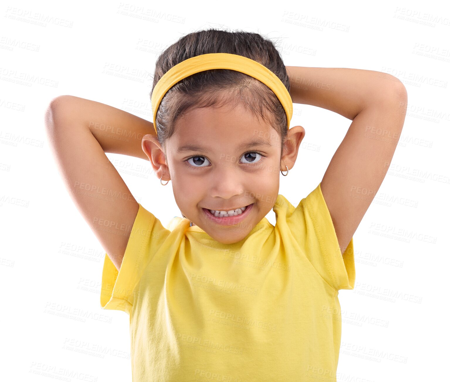 Buy stock photo Girl, png portrait or child with happy with a smile isolated on transparent background with fashion or positivity. Face, cute or adorable female kid in a yellow outfit or clothes with joy or style 