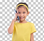 Phone call, smile and portrait of child on blue background for talking, speaking and chatting online. Technology, communication mockup and face of happy girl in conversation on smartphone in studio
