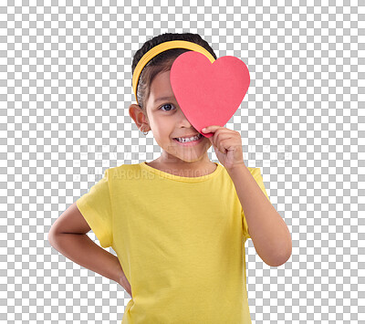 Buy stock photo Png, heart or portrait of girl with smile, wellness or joy isolated on transparent background. Face, kid toddler or young female child with red symbol for love, happiness or valentines day sign