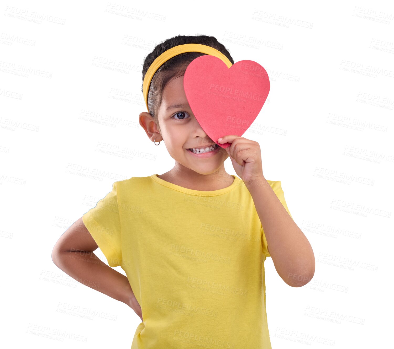 Buy stock photo Png, heart or portrait of girl with smile, wellness or joy isolated on transparent background. Face, kid toddler or young female child with red symbol for love, happiness or valentines day sign