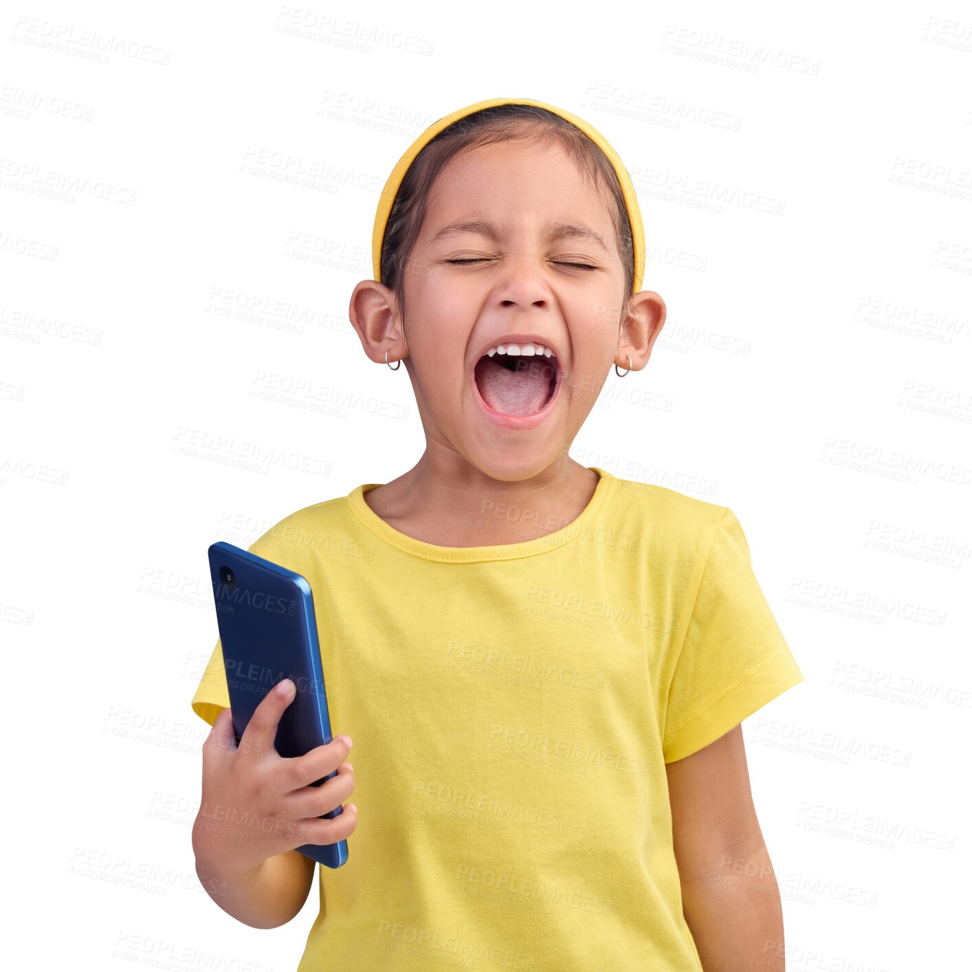Buy stock photo Phone, upset and frustrated scream of a child with bad connection and anger. Technology, tantrum and face of unhappy girl kid yelling about smartphone app isolated on transparent, png background
