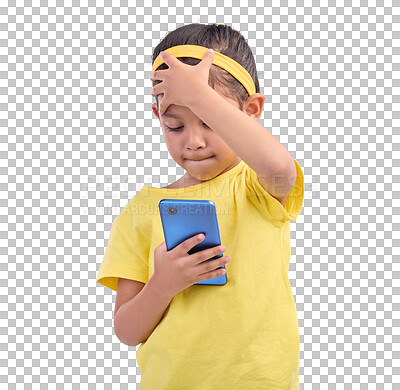 Buy stock photo Phone, mistake and stress of a worried child reading a message or chat online. Technology, communication and reaction of kid on smartphone with shock or shame isolated on transparent, png background