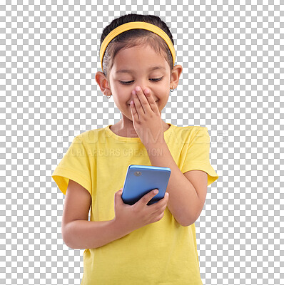 Phone, smile and child laugh on blue background for social media, funny video and internet meme in studio. Technology, communication mockup and happy girl with humor, joke and online on smartphone