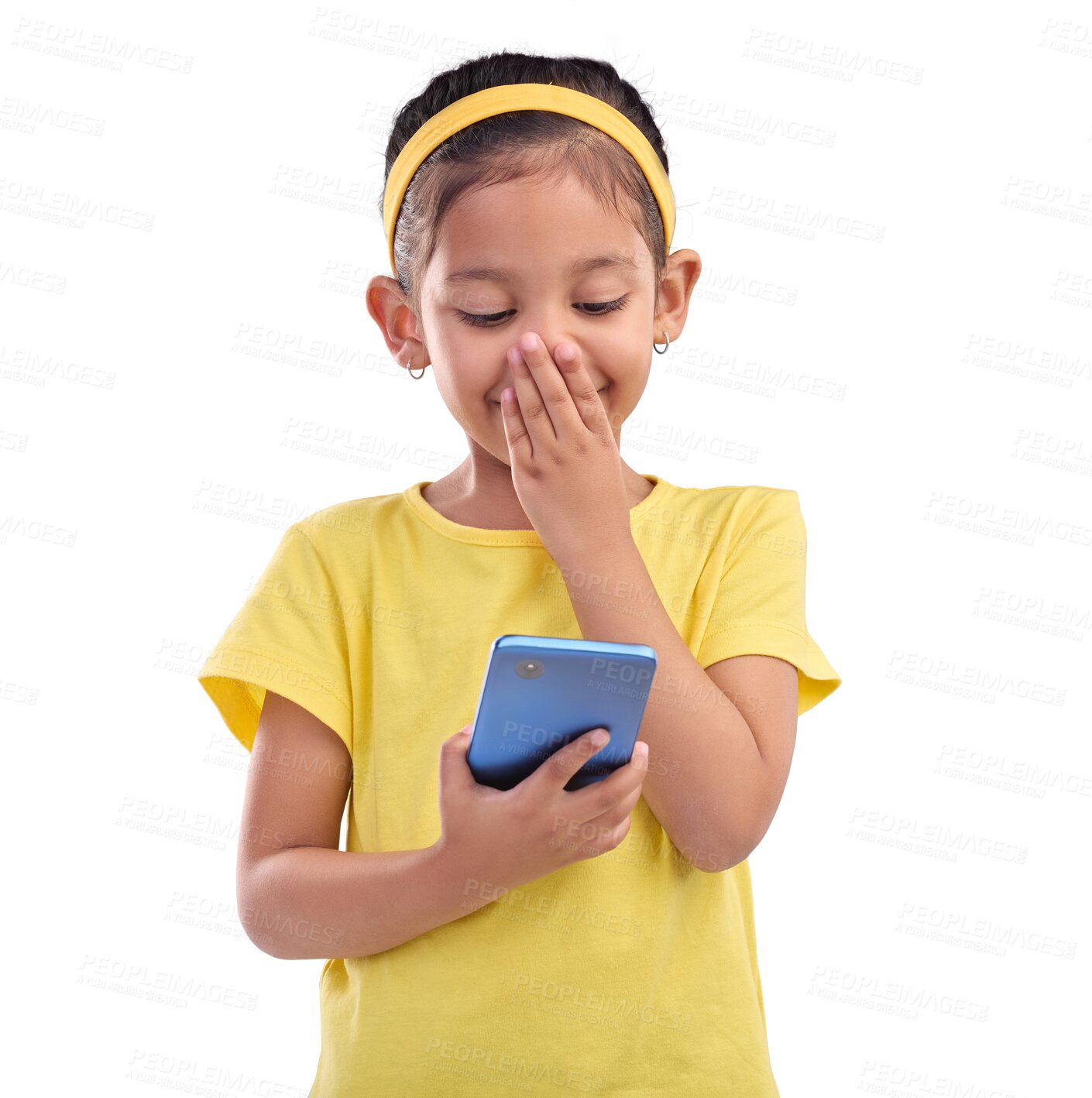 Buy stock photo Phone, laughing and a child with a funny video or meme online. Technology, communication and face of happy girl kid with a smartphone for internet connection isolated on transparent, png background