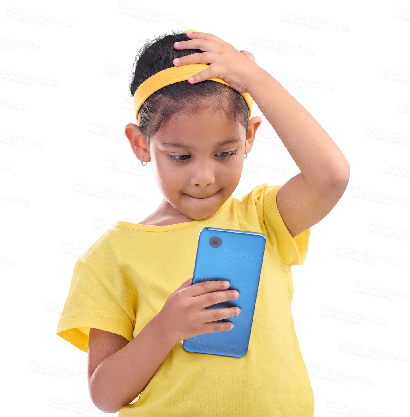 Buy stock photo Mistake, phone and stress of a worried child reading a message or chat online. Technology, communication and reaction of kid on smartphone with shock or shame isolated on transparent, png background