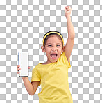 Phone, winner and child with mockup screen on blue background for social media, website and mobile app. Advertising, brand space and girl happy, excited and celebration for success, goals and winning