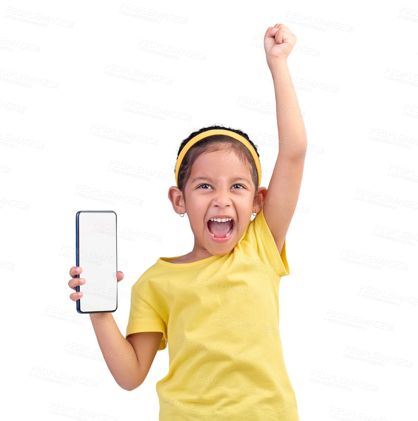 Buy stock photo Phone, winner or portrait kid with mockup screen isolated on transparent png background on social media. Ad space, mobile app or excited girl in happy celebration for success, goal or winning online
