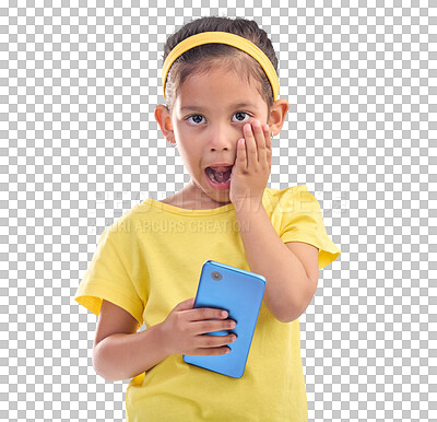 Phone, shock and portrait of child on blue background with wow, omg and surprise expression in studio. Technology, childhood and face of girl shocked for news, announcement or message on smartphone