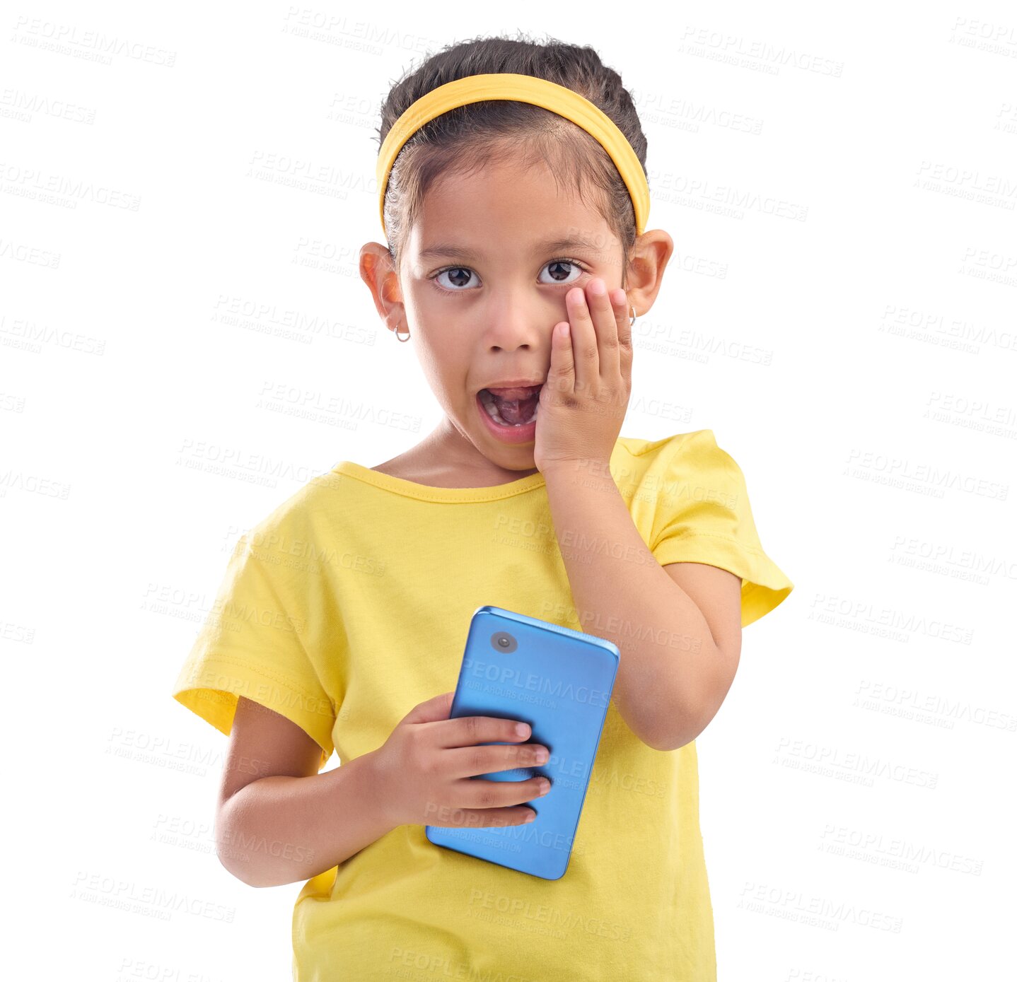 Buy stock photo Phone, shock and portrait of child with wow, omg and surprise expression on transparent, isolated or png background. Shocked, face and girl with news of promo, announcement or message on smartphone
