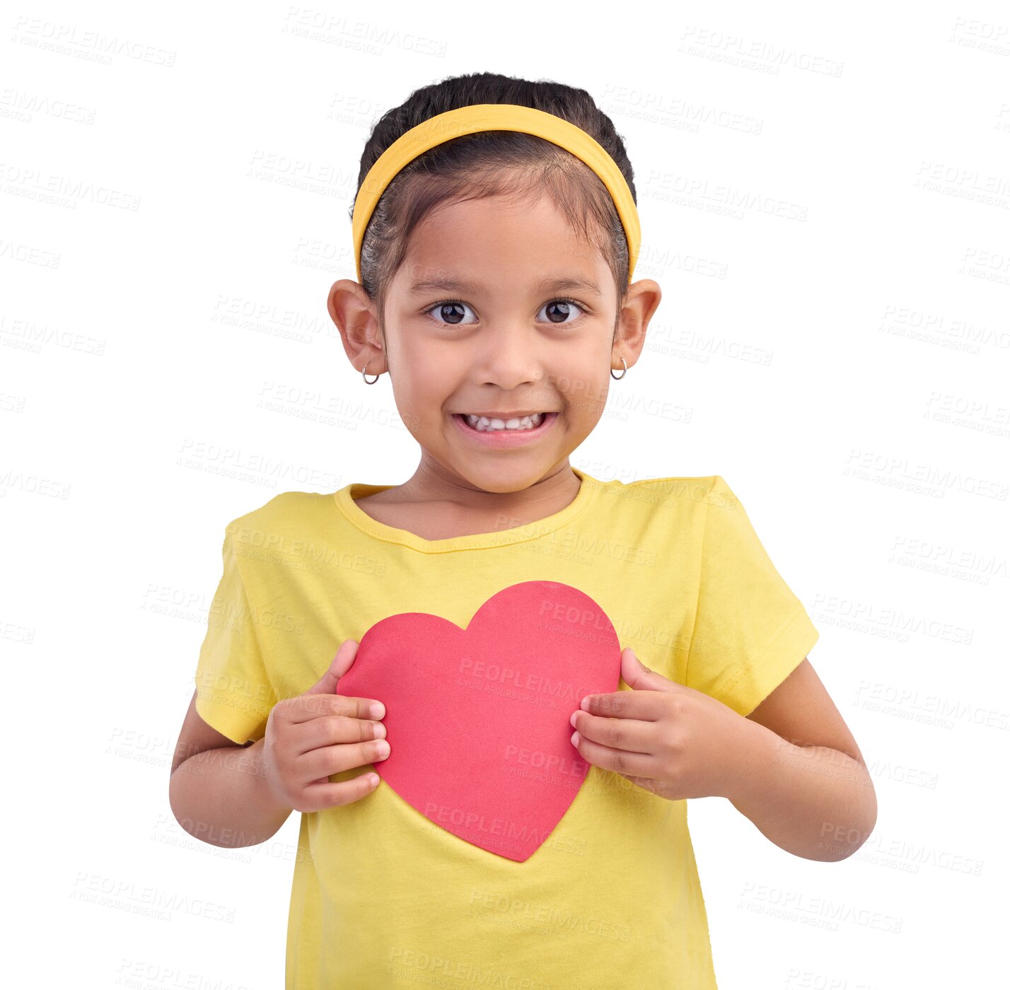 Buy stock photo Png, heart or face of child with smile, wellness or happiness isolated on transparent background. Portrait, kid toddler or young female kid with red symbol for love, joy or valentines day sign