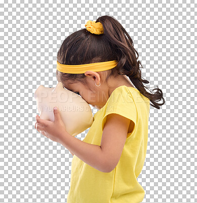Child, holding and piggy bank in studio for finance, planning and future investment against blue background. Money, box and girl with financial, savings and growth, invest and management learning