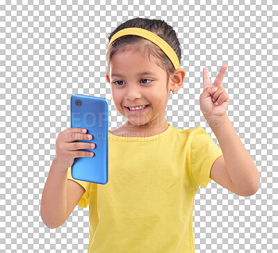 Phone, girl kid and peace sign selfie in studio isolated on a blue background. Technology, v hand emoji and smile of child with mobile smartphone to take pictures for happy memory or social media.