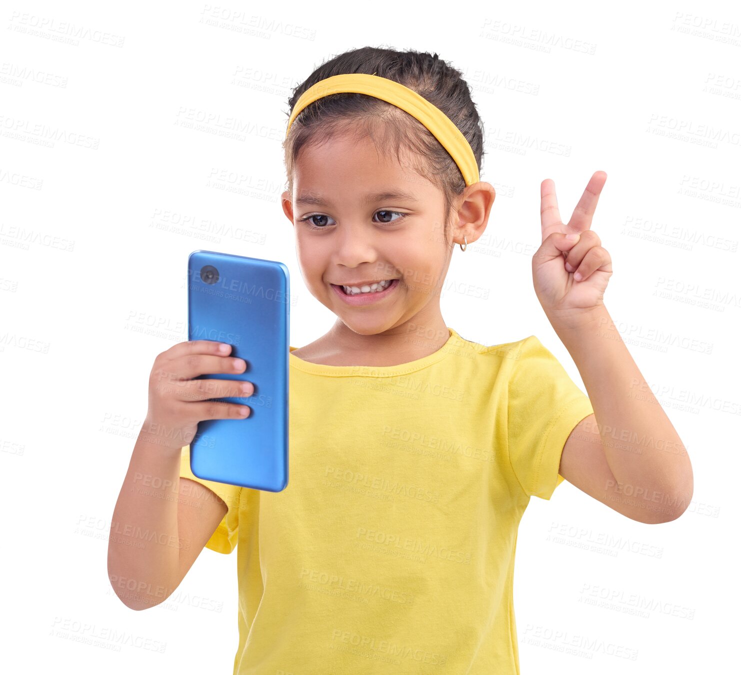 Buy stock photo Selfie, girl and kid with peace hand sign, social media and memory isolated on png transparent background. Happy female child, pose and smile in picture, mobile app and gesture with emoji and youth
