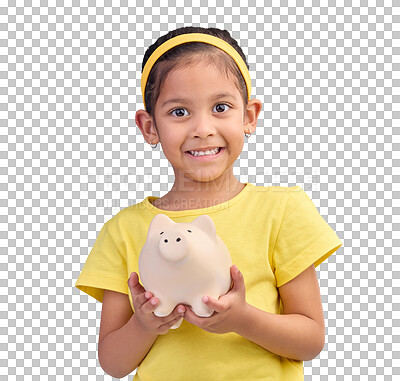 Buy stock photo Portrait, piggy bank and girl child with savings, profit or money isolated on transparent png background. Happy, smile or face of kid with cash box, financial investment or learning budget growth