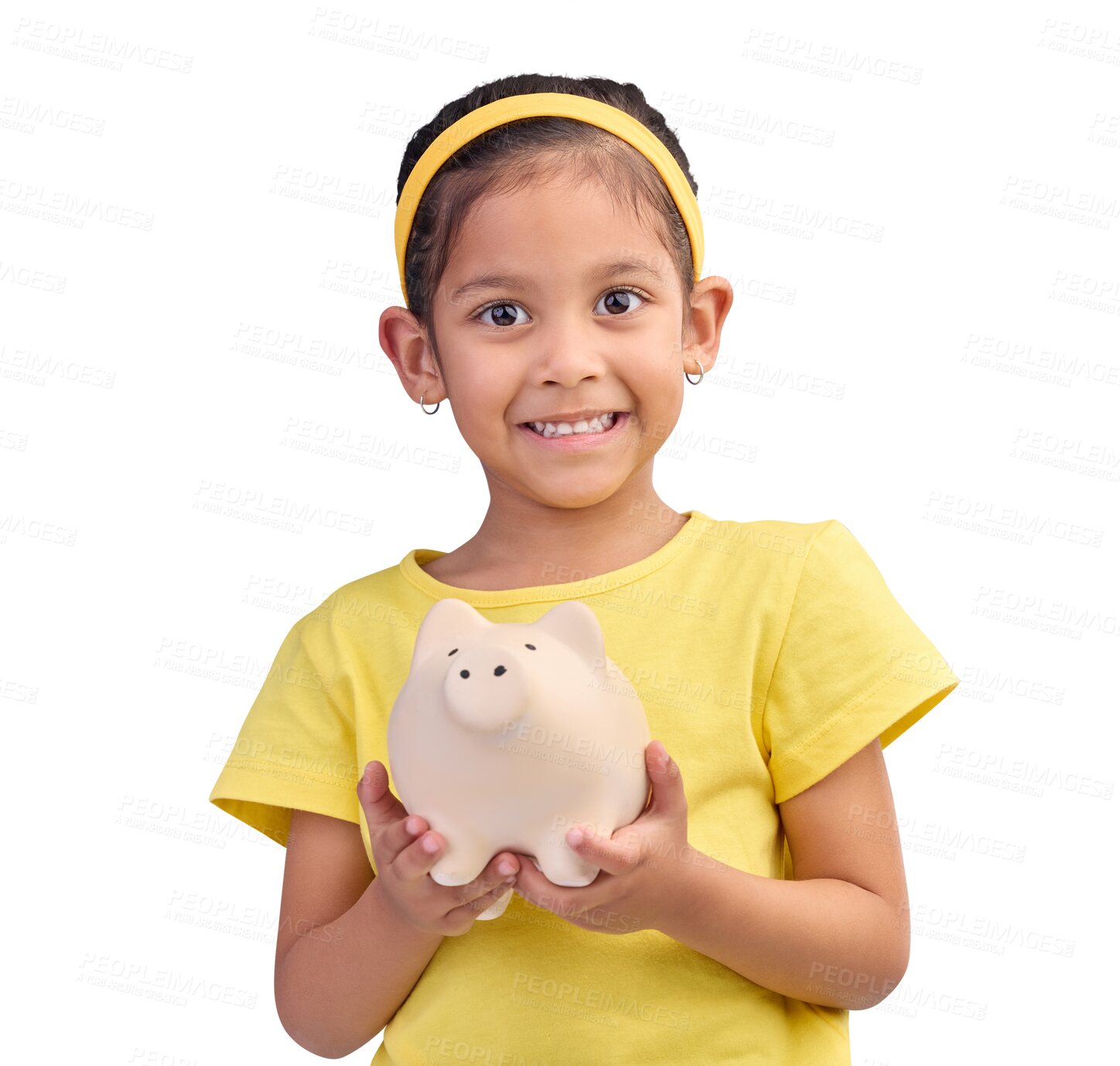 Buy stock photo Portrait, piggy bank and girl child with savings, profit or money isolated on transparent png background. Happy, smile or face of kid with cash box, financial investment or learning budget growth
