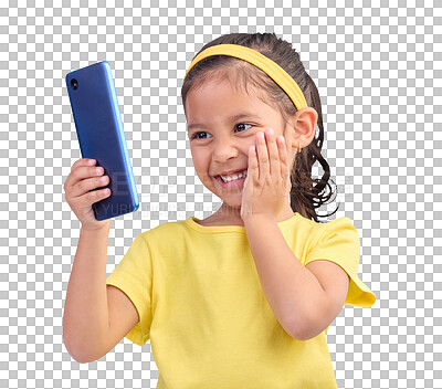Buy stock photo Phone, wow and smile with a girl child isolated on a transparent background excited for communication. Children, social media and surprise with a happy young female kid on PNG for games or fun