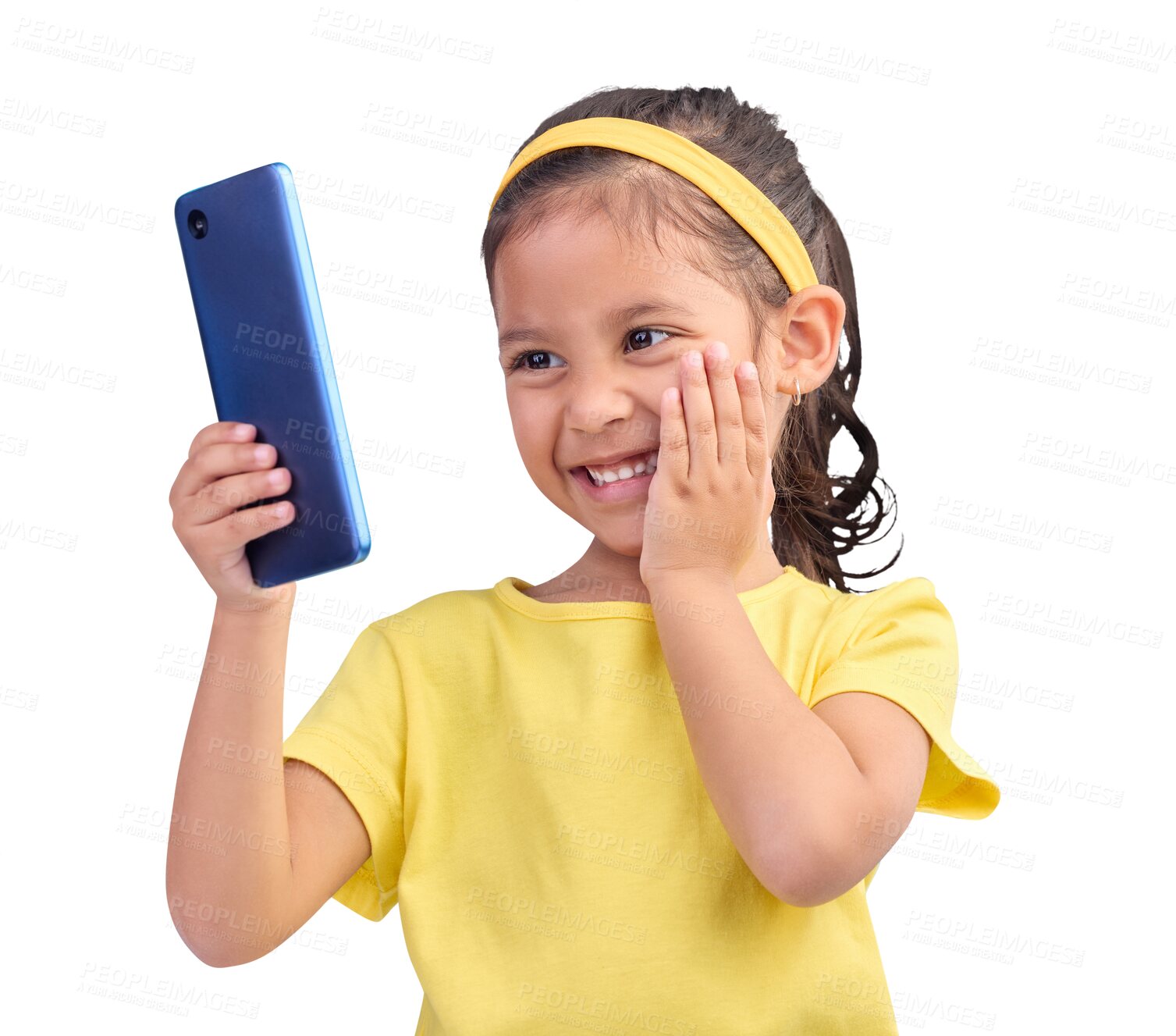 Buy stock photo Phone, wow and smile with a girl child isolated on a transparent background excited for communication. Children, social media and surprise with a happy young female kid on PNG for games or fun