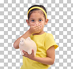 Piggy bank, shocked or surprised child in portrait isolated on blue background savings mistake or investment risk. Wow face of girl kid and saving jar or container for finance or money fear in studio