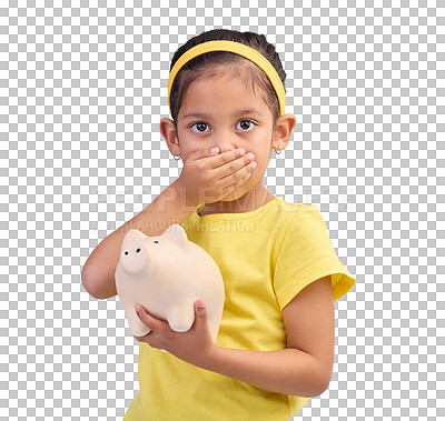 Buy stock photo Piggy bank, wow or child in portrait for savings mistake or investment risk. Surprise, girl or kid and coin container or banking for growth or shock for profit isolated on transparent png background