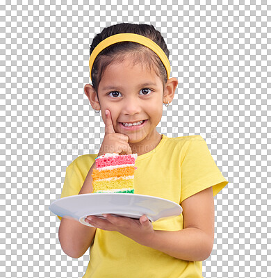 Birthday cake, portrait and young girl with sweet in studio eating icing for party event dessert. Celebration, rainbow food and hungry kid in a isolated and blue background youth ready to celebrate