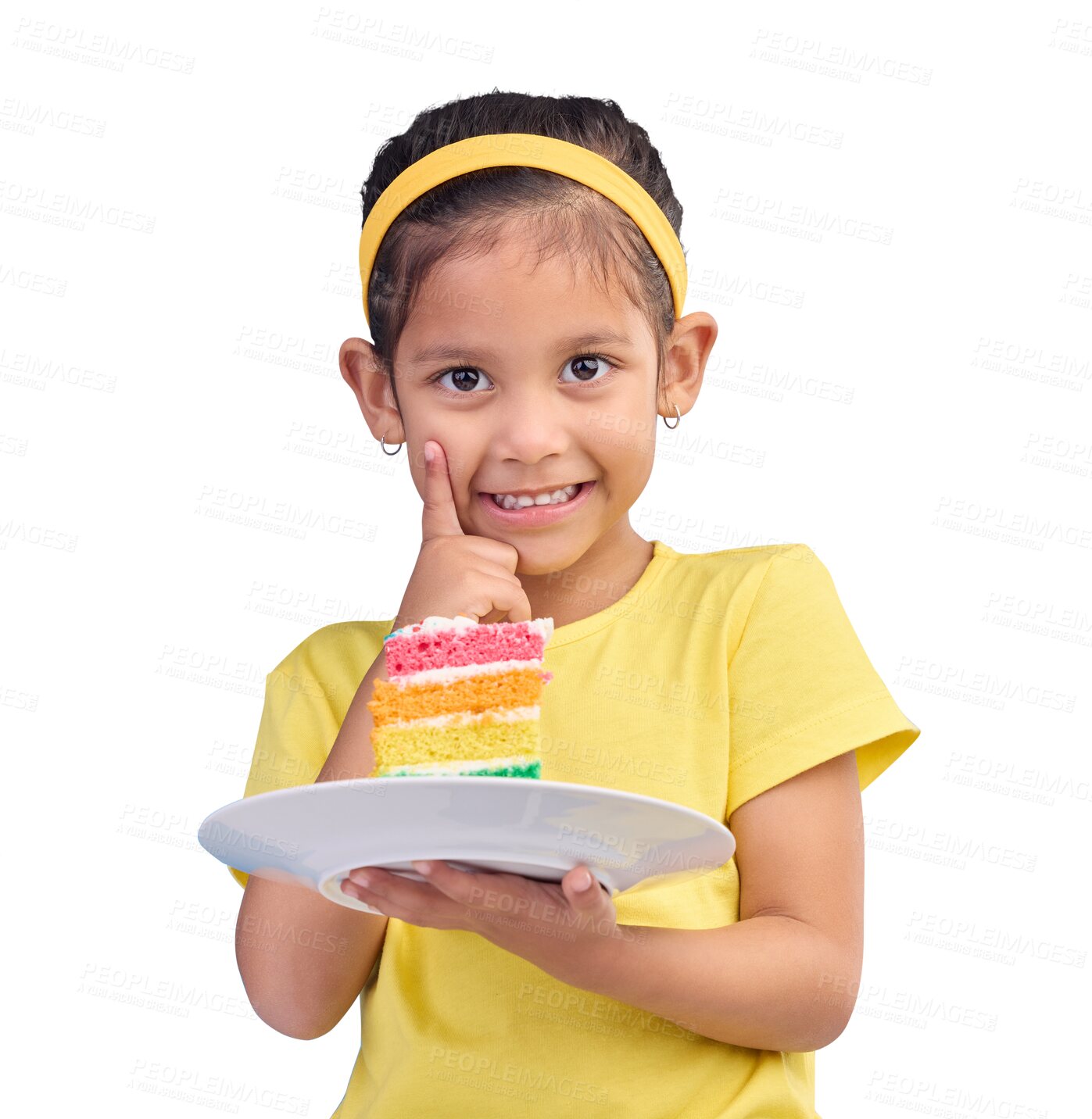 Buy stock photo Birthday cake, portrait and a happy young girl eating rainbow dessert for party event. Celebration, food and excited kid isolated on transparent, png background with creative idea to celebrate youth