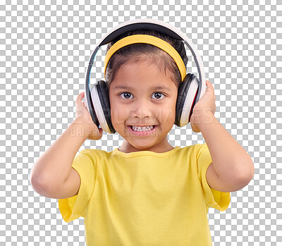 Music, headphones and listening with portrait of girl in studio for streaming, mobile radio and audio. Technology, media and youth with child isolated on blue background for natural, happy and songs
