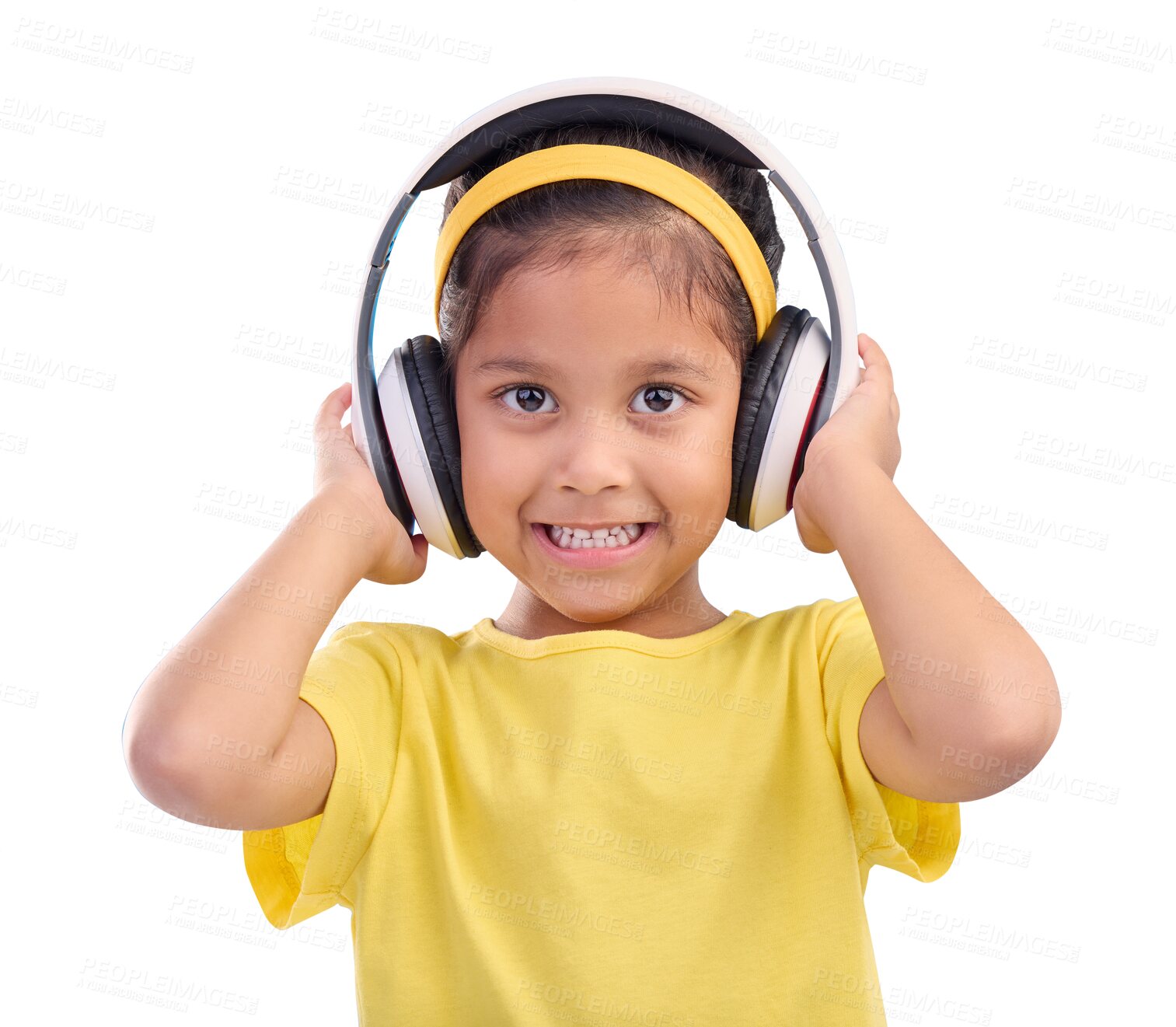 Buy stock photo Girl, kid and headphones, music and portrait, happy with wireless technology isolated on png transparent background. Young female child, listening to radio and audio streaming with youth and smile