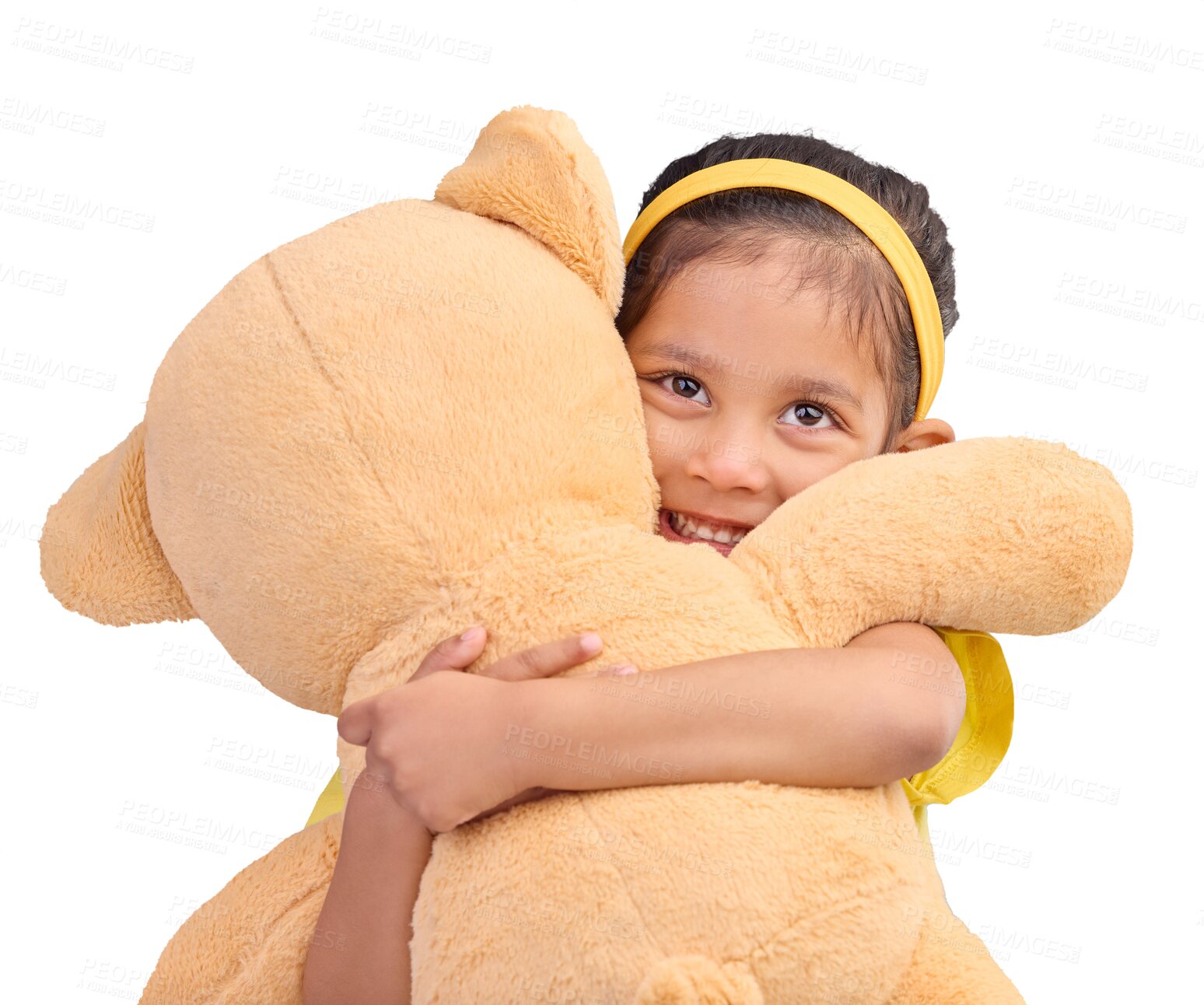 Buy stock photo Girl, kid and hug teddy bear, toys and cuddles with happiness and comfort isolated on png transparent background. Happy female child, embrace stuffed animal and joy, playful and fun with love