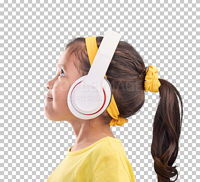 Music, headphones and listening with girl in studio for streaming, mobile radio and audio. Technology, media and youth with profile of child isolated on blue background for natural, happy and songs