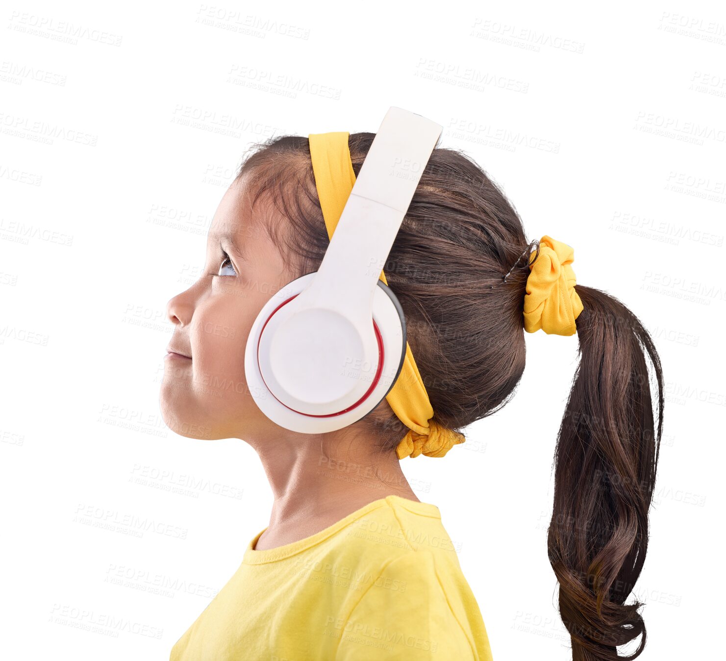 Buy stock photo Music, headphones or profile of child listening to radio, playlist and audio isolated on transparent png background. Technology, media and happy young female kid thinking, smiling or streaming a song