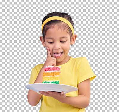 Buy stock photo Birthday cake, girl and a excited child thinking about rainbow dessert for party event. Celebration, food and happy kid isolated on transparent, png background with creative idea to celebrate youth