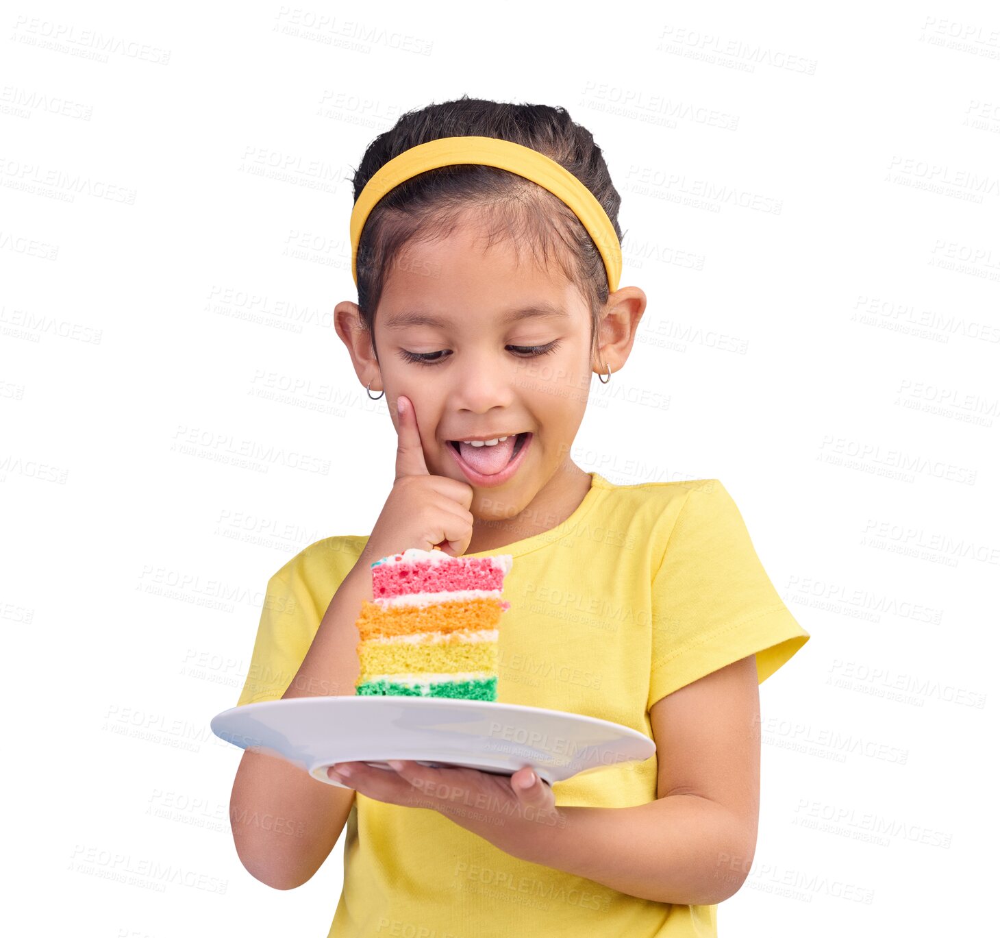 Buy stock photo Birthday cake, girl and a excited child thinking about rainbow dessert for party event. Celebration, food and happy kid isolated on transparent, png background with creative idea to celebrate youth